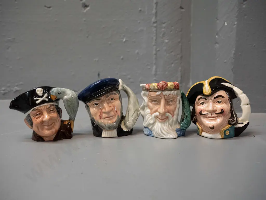 4 small Royal Doulton character jugs, approx H-60 - Neptune, Captain Ahab, Long John Silver, Captain Henry Morgan - Image 1++