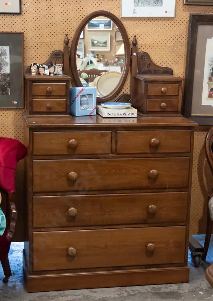 Victorian style beech dresser with oval mirror and box supports with 4 drawers on top, 5 below, with wooden knobs. Some Image 1++