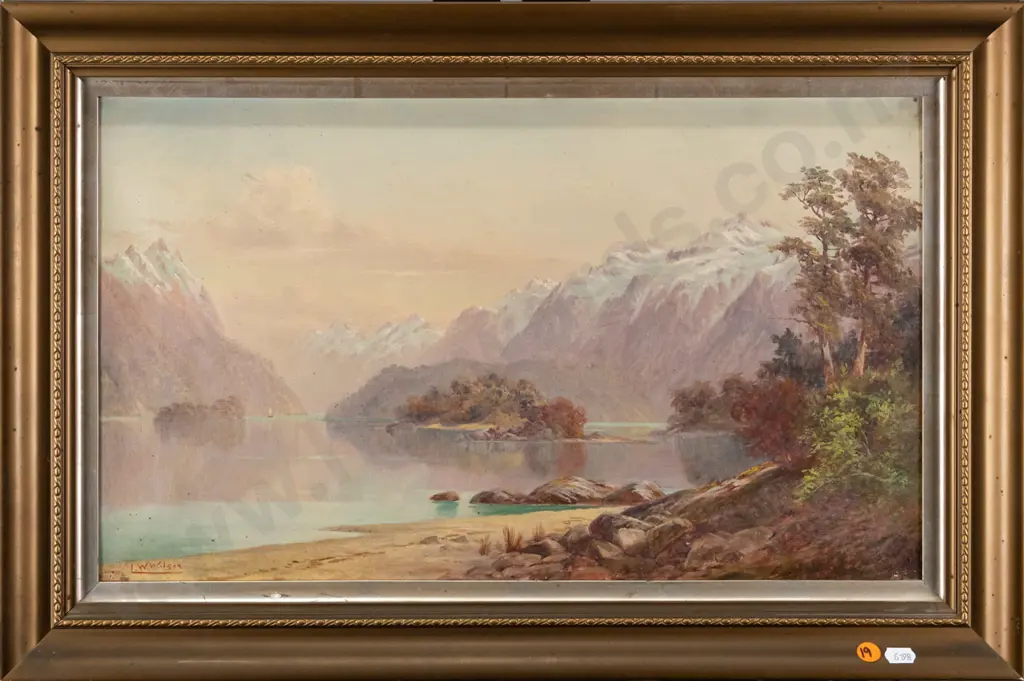 LW Wilson - framed oil on canvas - lake and mountain scene H-290 W-490 Image 1++