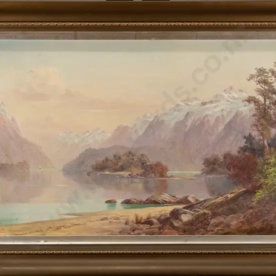 LW Wilson - framed oil on canvas - lake and mountain scene H-290 W-490