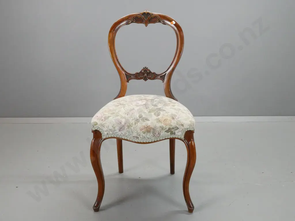 Victorian walnut cab-leg balloon back chair with carved back splat and crest, some fading to floral upholstered seat, a Image 1++
