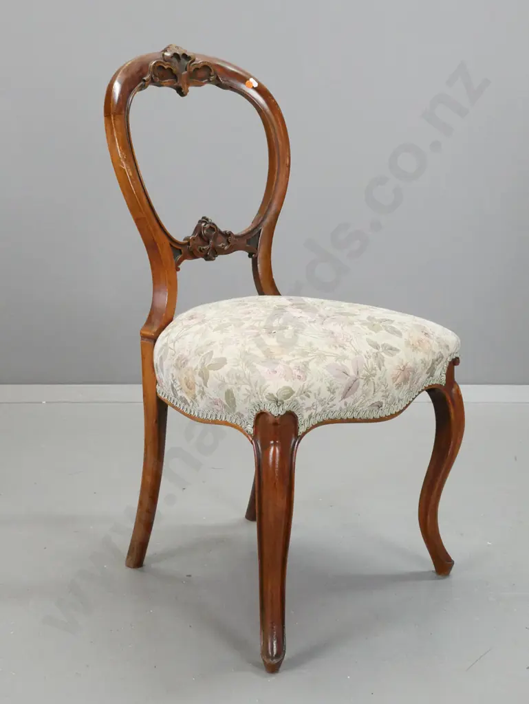 Victorian walnut cab-leg balloon back chair with carved back splat and crest, some fading to floral upholstered seat, a Image 1++