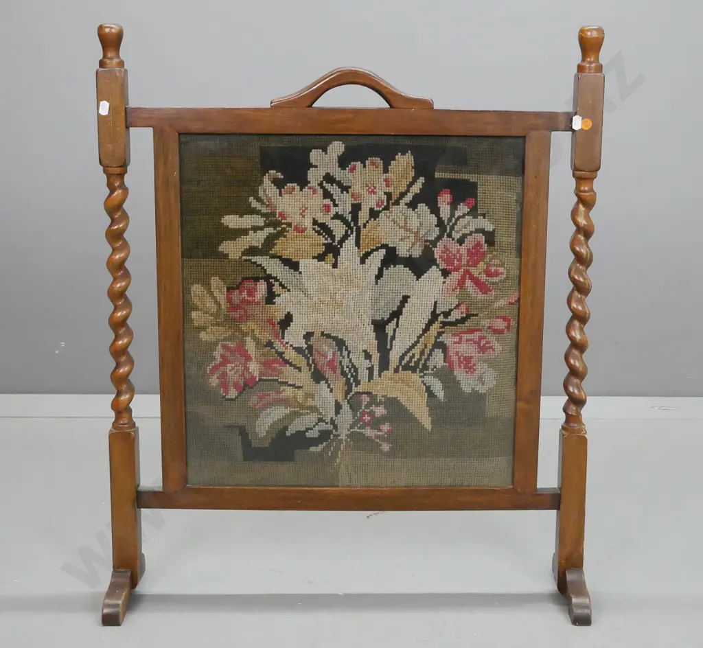 vintage oak and mahogany fire screen with tapestry behind glass, barley twist supports, top handle. Some water staining Image 1++