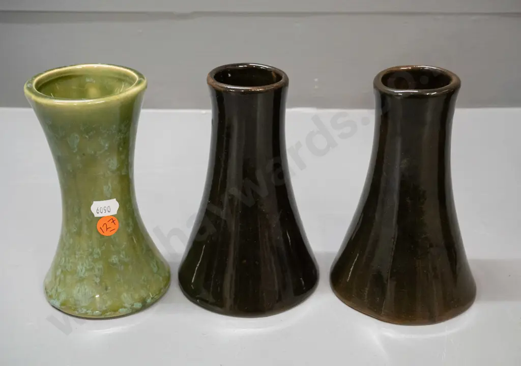 3 pottery specimen vases - mottled lighter green one marked Temuka H-150 D-90 Image 1++