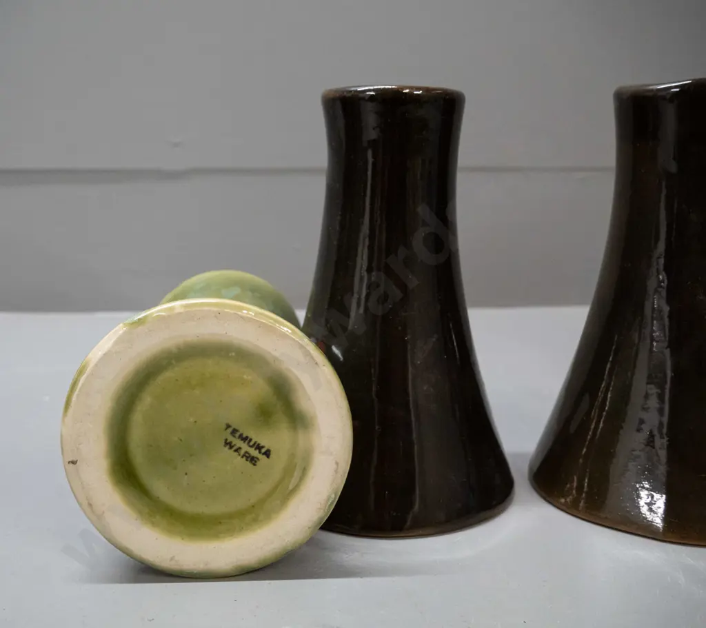 3 pottery specimen vases - mottled lighter green one marked Temuka H-150 D-90 Image 1++