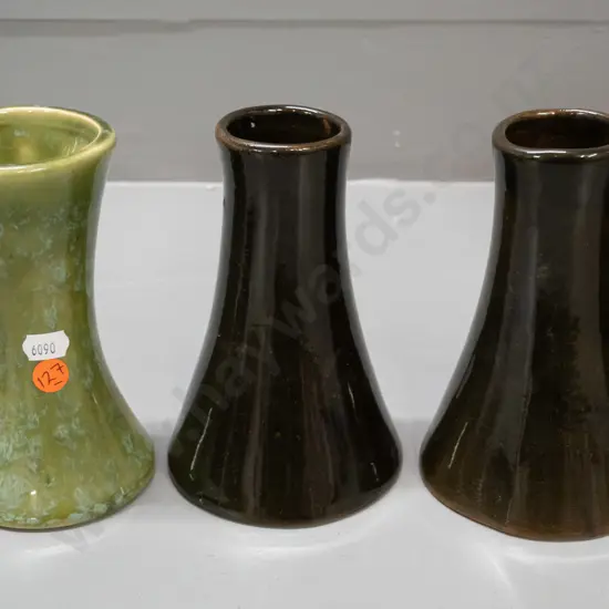 3 pottery specimen vases - mottled lighter green one marked Temuka H-150 D-90