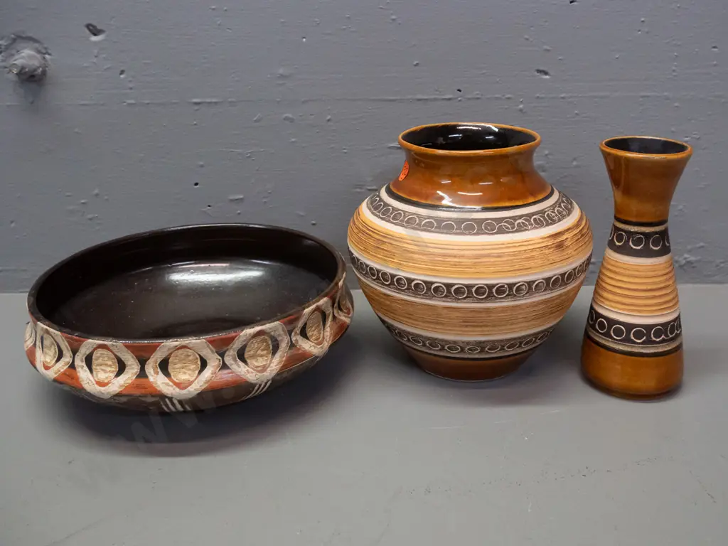 3 pieces of German incised earth tone pottery - 2 matching pattern vases, larger is H-160 D-160, and a shallow bowl with Image 1++