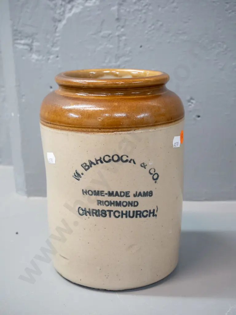 wide mouth stoneware crock marked Barcock & Co Jams - Richmond Christchurch H-220 D-150 Image 1++