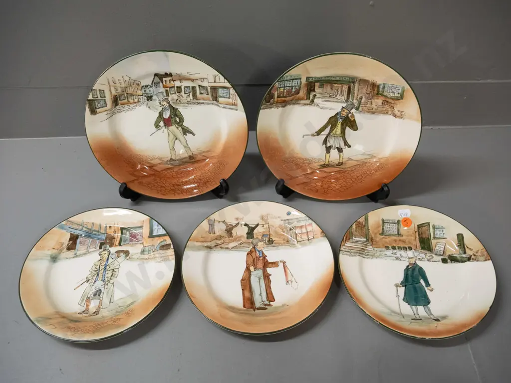5 Royal Doulton Dickens plates - information hidden by adhesive plate hangers. Largest is D-225 Image 1++