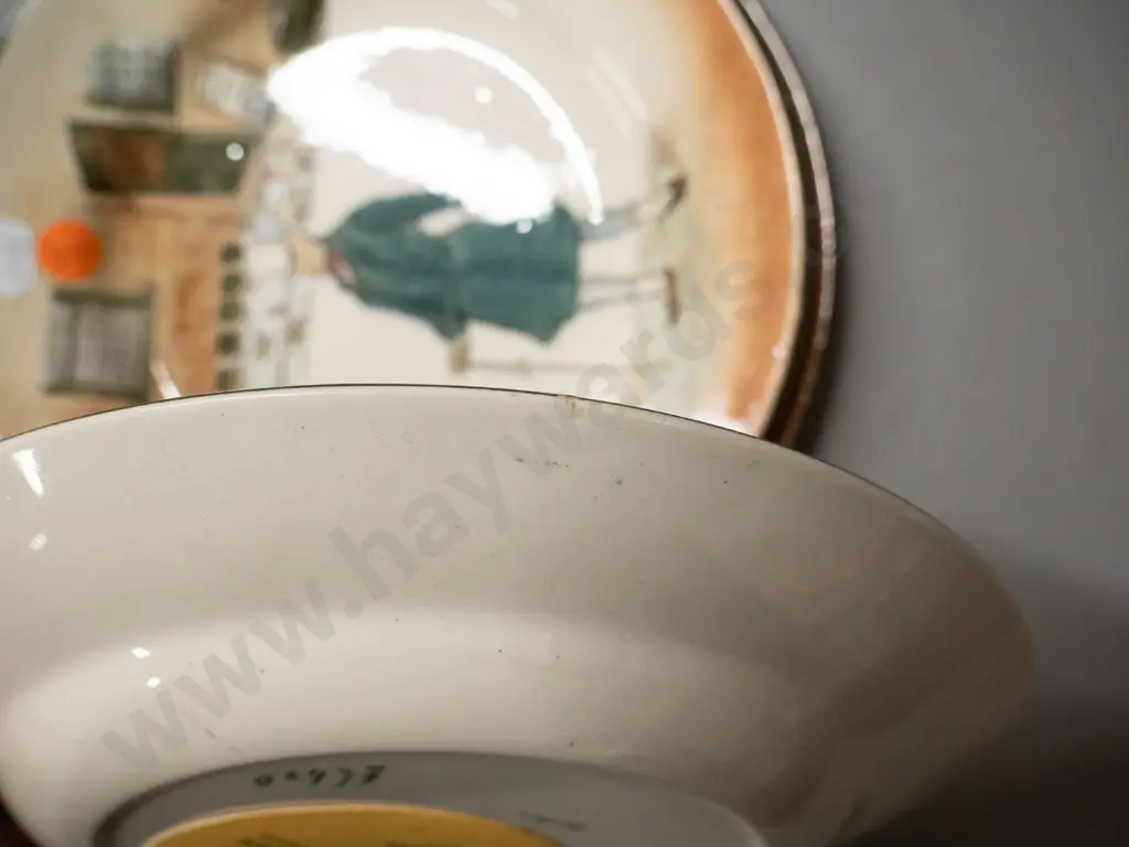 5 Royal Doulton Dickens plates - information hidden by adhesive plate hangers. Largest is D-225 Image 1++