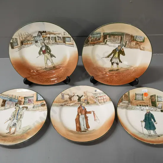 5 Royal Doulton Dickens plates - information hidden by adhesive plate hangers. Largest is D-225