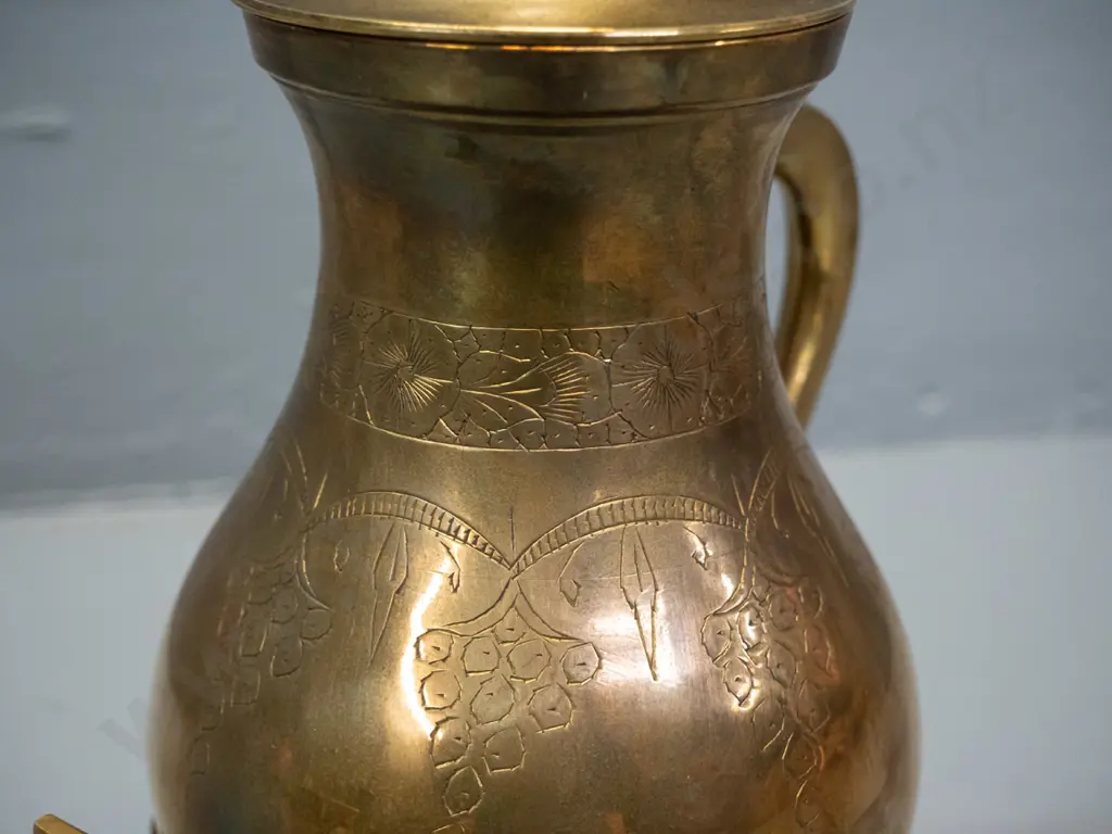 brass finish samovar-shaped lidded pot with spigot with etched decoration, 3 scroll feet - some corrosion to lid. H-300 Image 1++