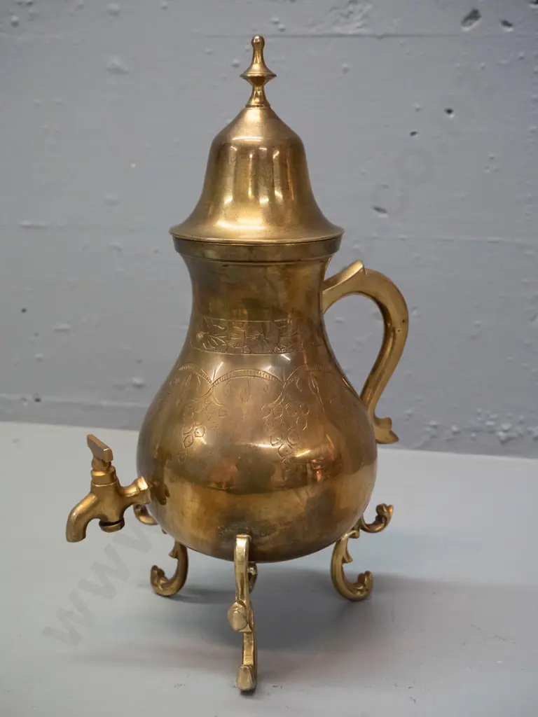 brass finish samovar-shaped lidded pot with spigot with etched decoration, 3 scroll feet - some corrosion to lid. H-300 Image 1++