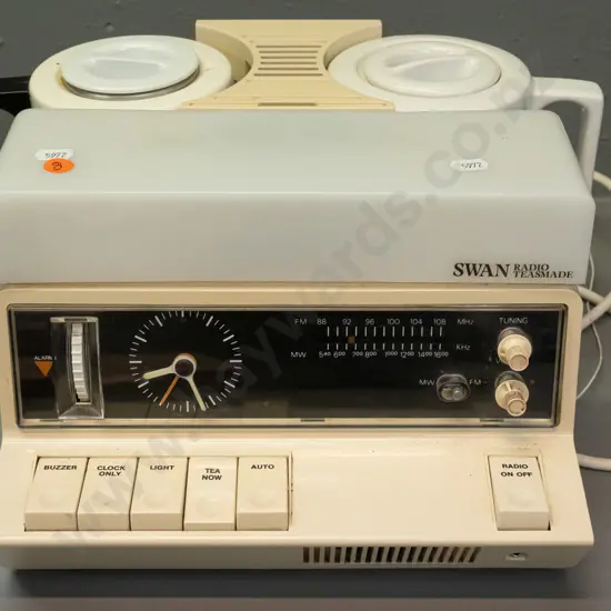 retro Swan Radio Teasmade - with enamel teapot and metal electric jug, plastic lamp shade broken, sits loosely on top,