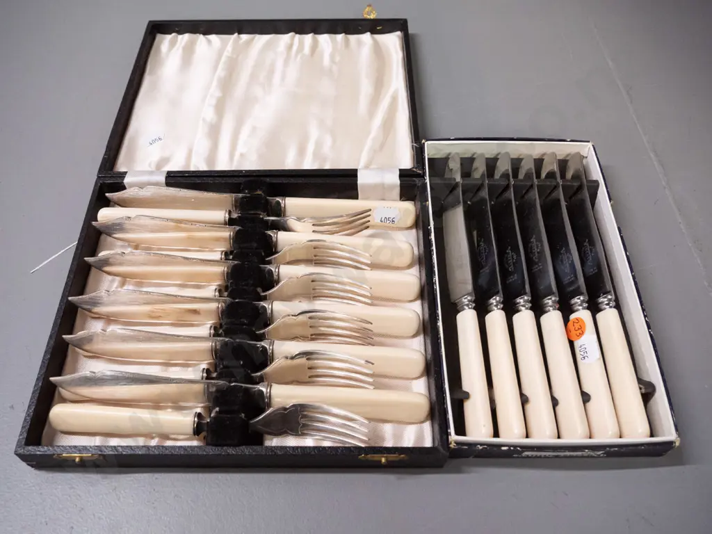 cased bone-handled plated cutlery - set of 6 dinner knives and set of 6 fish knives & forks Image 1++