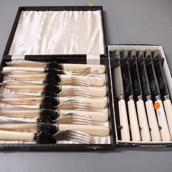 cased bone-handled plated cutlery - set of 6 dinner knives and set of 6 fish knives & forks