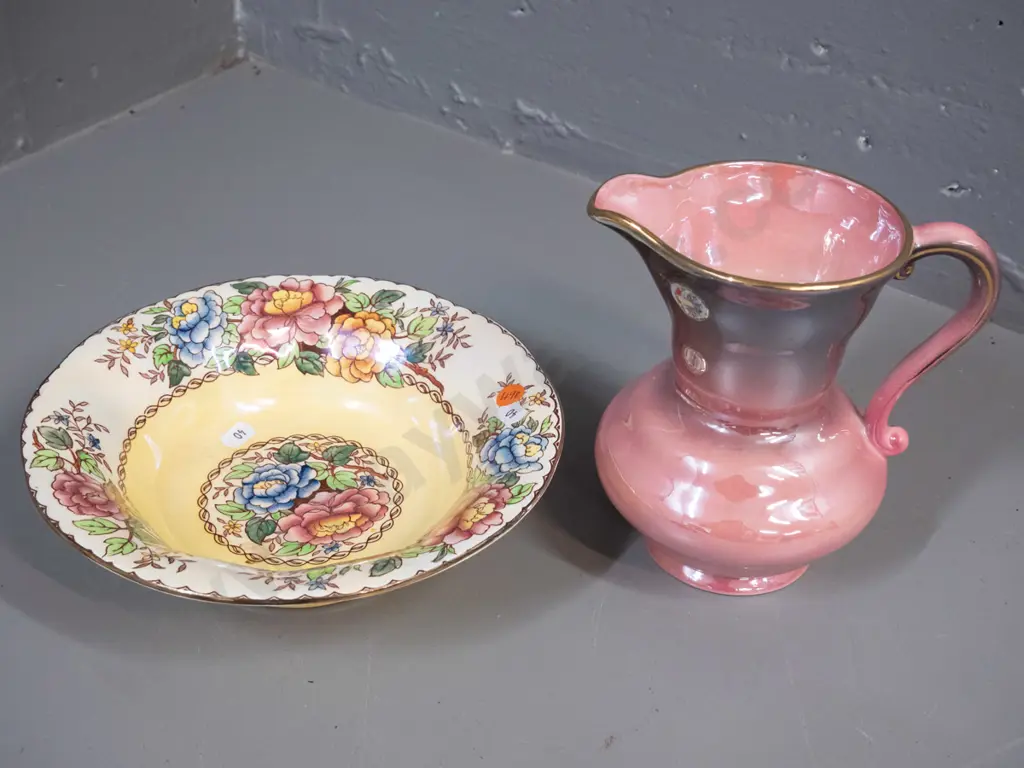 2 pieces of Maling china - lustre glaze jug H-170 and a peony rose pattern fruit bowl Image 1++