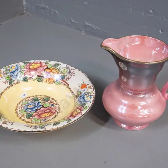 2 pieces of Maling china - lustre glaze jug H-170 and a peony rose pattern fruit bowl