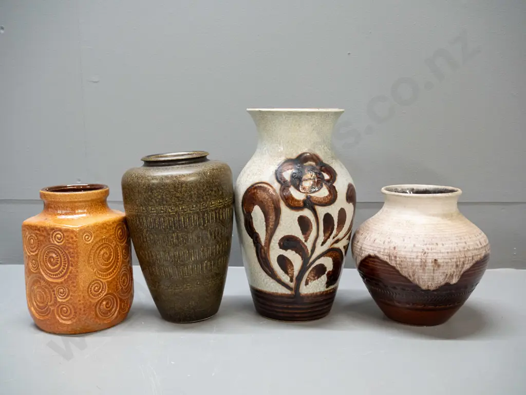 4 German pottery vases - squarish brown has small firing fault inside top rim. Tallest is H-260 Image 1++