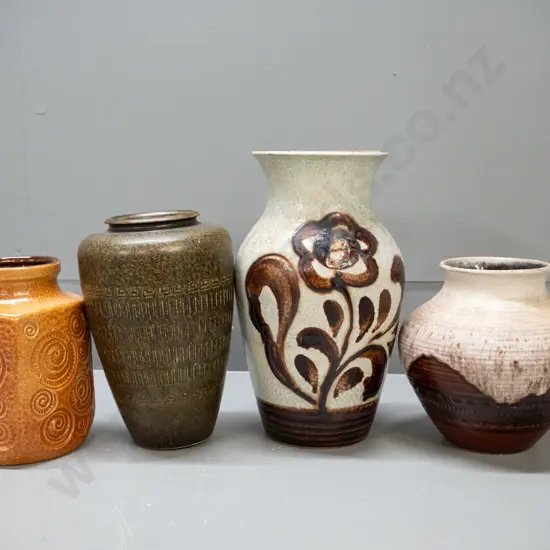 4 German pottery vases - squarish brown has small firing fault inside top rim. Tallest is H-260