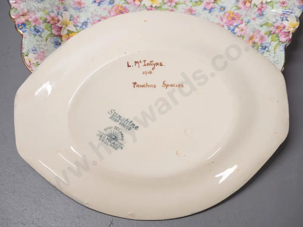4 English plates - signed Meakin fish plate, Shelley floral cake plate 240x220, Biarritz & Royal Winton "Marion" and Image 1++