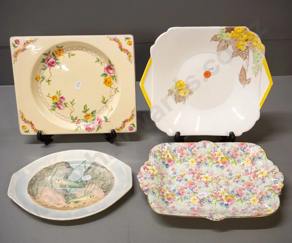 4 English plates - signed Meakin fish plate, Shelley floral cake plate 240x220, Biarritz & Royal Winton "Marion" and Image 1++