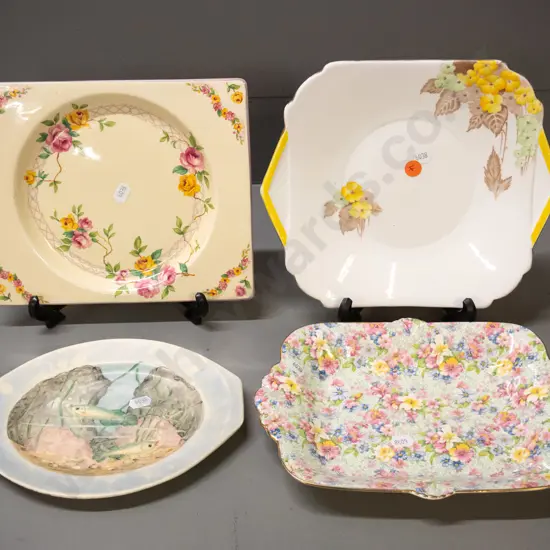 4 English plates - signed Meakin fish plate, Shelley floral cake plate 240x220, Biarritz & Royal Winton "Marion" and