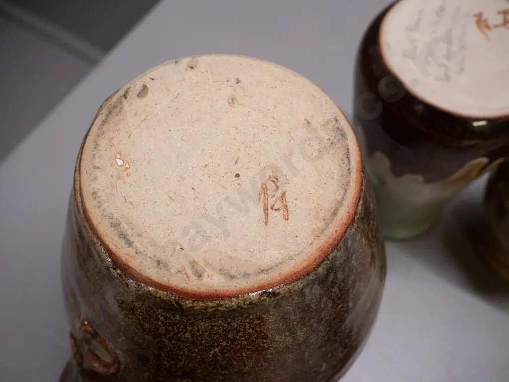 3 studio pottery items with unknown marks - jug H-200 W-165 and 2 vases Image 1++