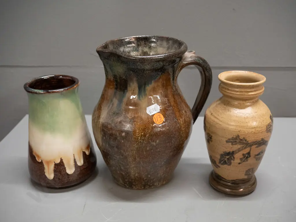 3 studio pottery items with unknown marks - jug H-200 W-165 and 2 vases Image 1++