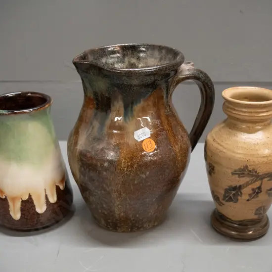 3 studio pottery items with unknown marks - jug H-200 W-165 and 2 vases