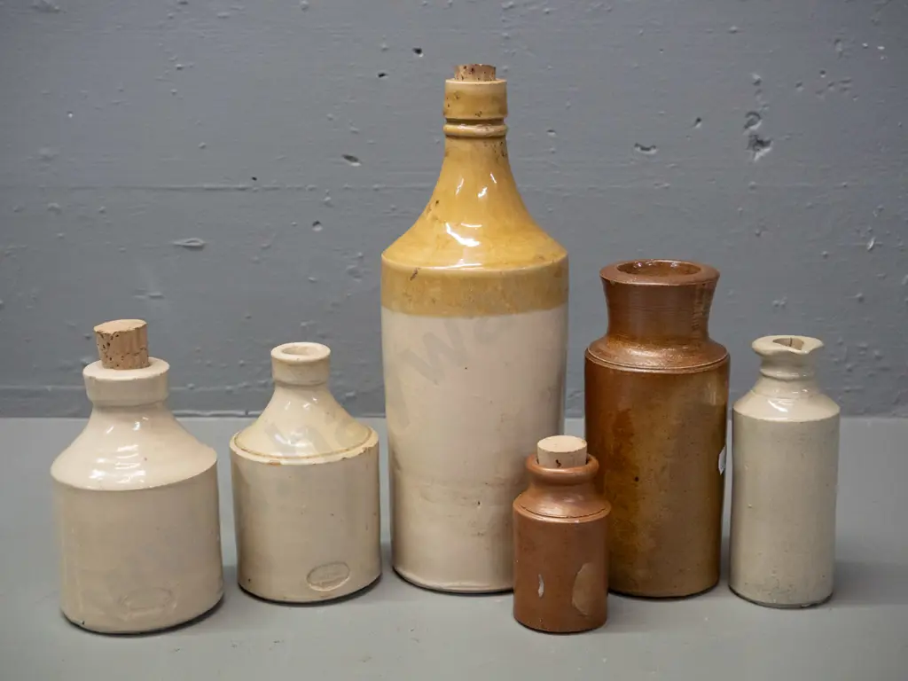 6 stoneware ink bottles, one smaller cream colour is marked Epsom Bendigo, other is Smith & Co London, a few small chips Image 1++