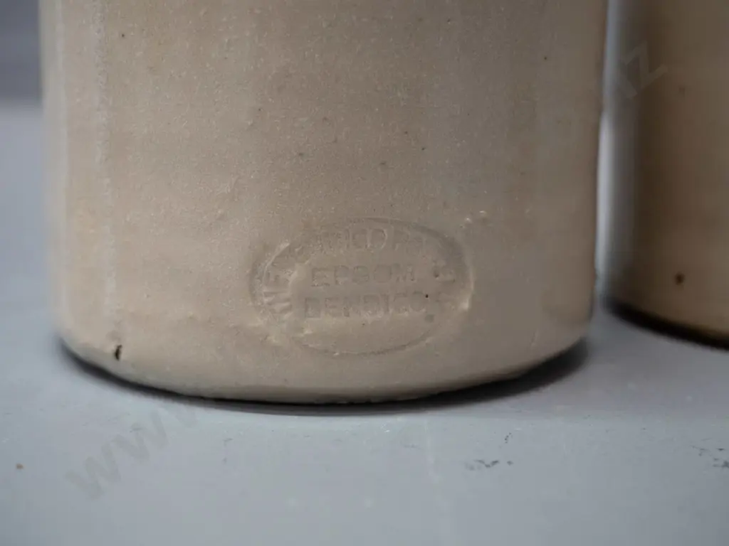 6 stoneware ink bottles, one smaller cream colour is marked Epsom Bendigo, other is Smith & Co London, a few small chips Image 1++