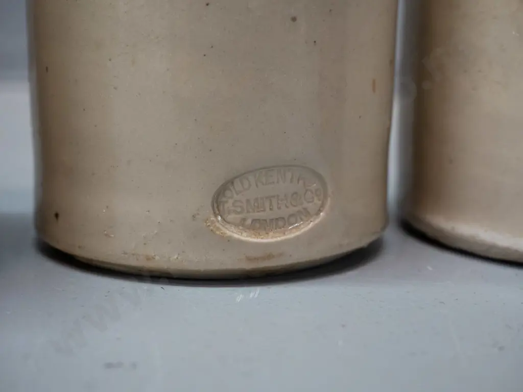 6 stoneware ink bottles, one smaller cream colour is marked Epsom Bendigo, other is Smith & Co London, a few small chips Image 1++