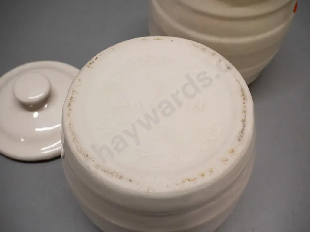 pair of lidded wide mouth crocks - both marked Crofter Ware New Zealand H-215 D-160 Image 1++