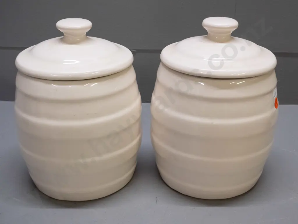 pair of lidded wide mouth crocks - both marked Crofter Ware New Zealand H-215 D-160 Image 1++