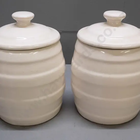 pair of lidded wide mouth crocks - both marked Crofter Ware New Zealand H-215 D-160