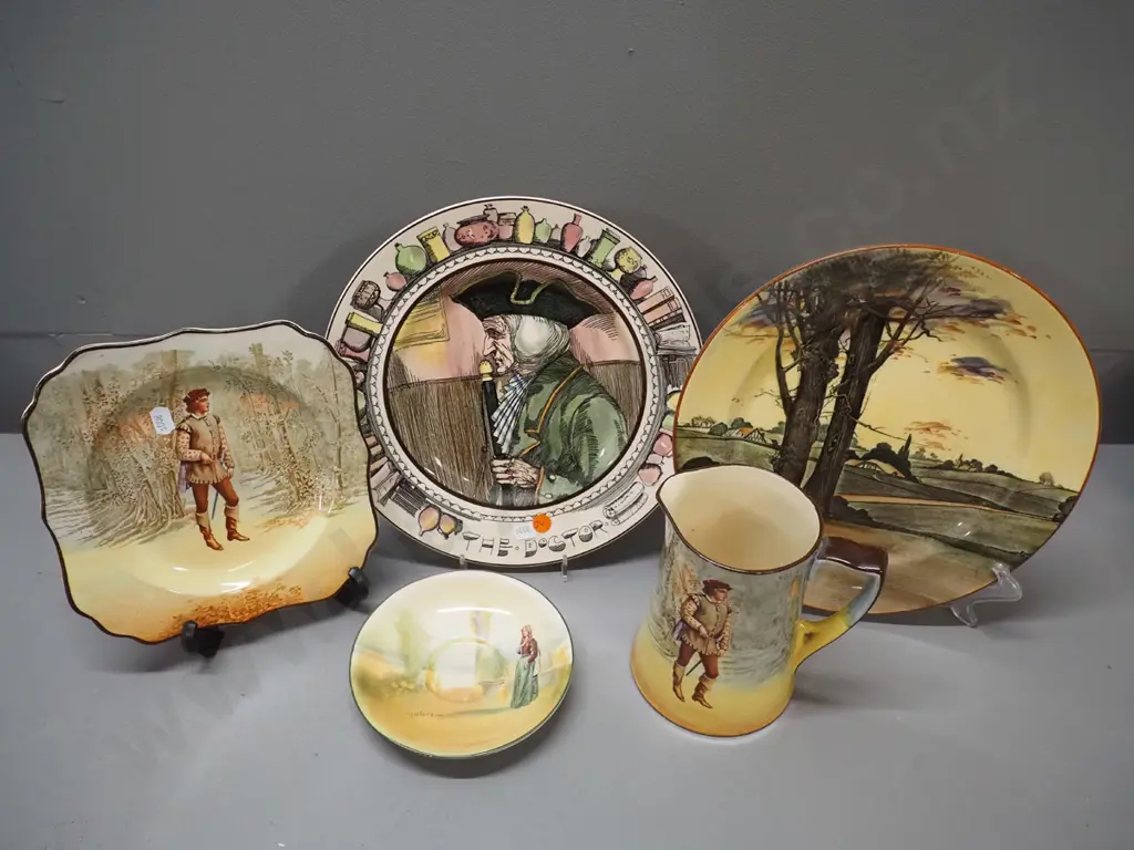 5 Royal Doulton items - "The Doctor" plate D-265, country village plate, Orlando plate and jug, Juliet saucer Image 1++