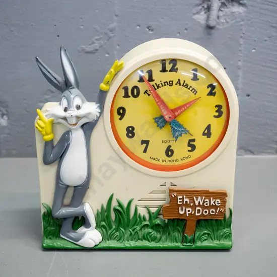 "Equity" plastic-cased Bugs Bunny talking clock with wind-up clock mechanism & battery for voice - untested. H-170 W-165
