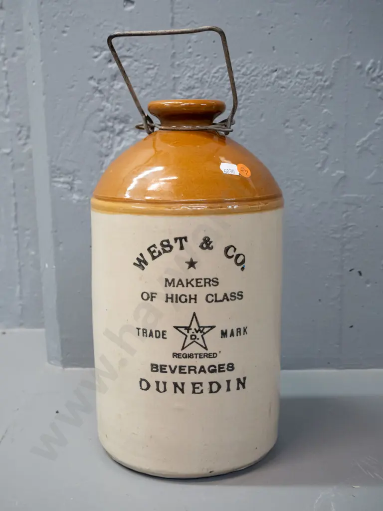 narrow mouth stoneware crock with wire handle - marked West & Co. Dunedin H-330 D-170 Image 1++