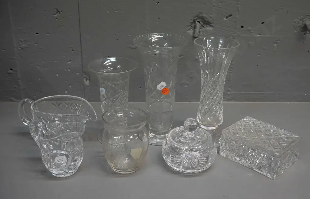 8 small cut crystal items - Watford, Harbridge and 2 other vases, lidded trinket, small round lidded bowl, etc. Tallest Image 1++