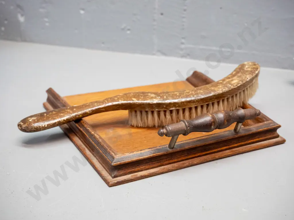 2 crumb brush and tray sets - walnut timber set with turned handle and one pressed metal - finish on wooden brush worn, Image 1++