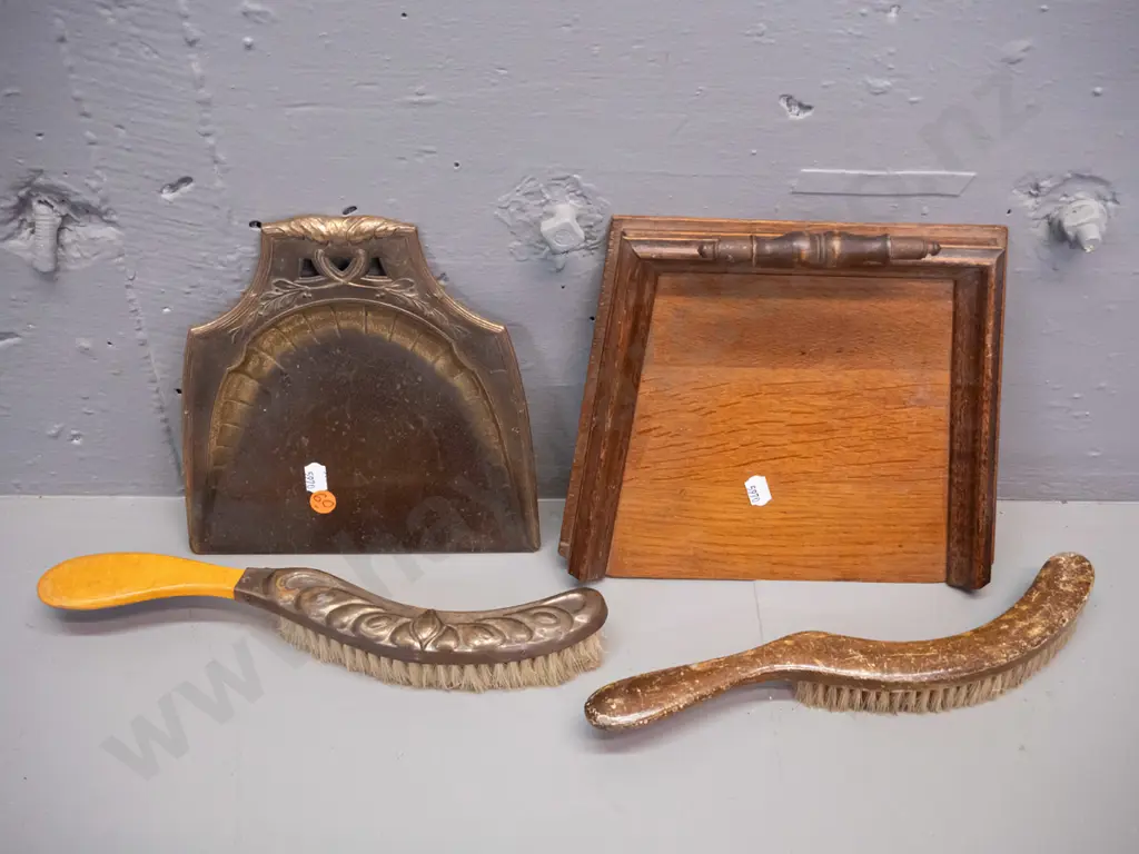 2 crumb brush and tray sets - walnut timber set with turned handle and one pressed metal - finish on wooden brush worn, Image 1++