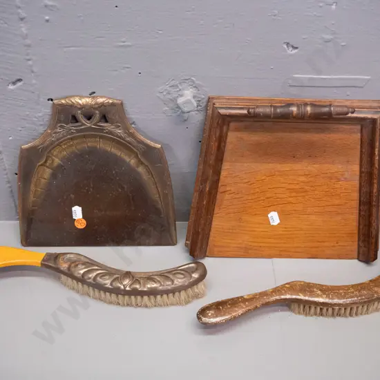2 crumb brush and tray sets - walnut timber set with turned handle and one pressed metal - finish on wooden brush worn,