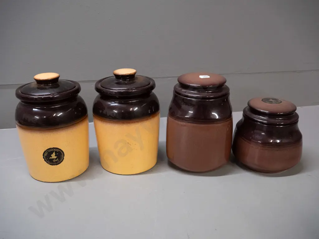 4 Teal Potteries Balclutha 2-tone lidded canisters - 2 with rubber seals - largest is H-180 D-110 Image 1++