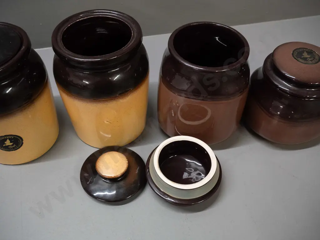 4 Teal Potteries Balclutha 2-tone lidded canisters - 2 with rubber seals - largest is H-180 D-110 Image 1++