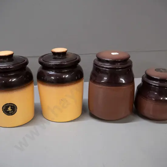 4 Teal Potteries Balclutha 2-tone lidded canisters - 2 with rubber seals - largest is H-180 D-110