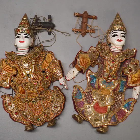 2 Thai marionette puppets in ornate traditional dress - some loss to paint H-360