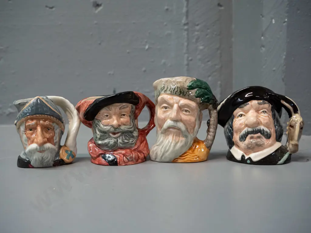 4 small Royal Doulton character jugs, approx H-60 to 70 - Don Quixote & Sancho Panca, Robinson Crusoe, Falstaff Image 1++