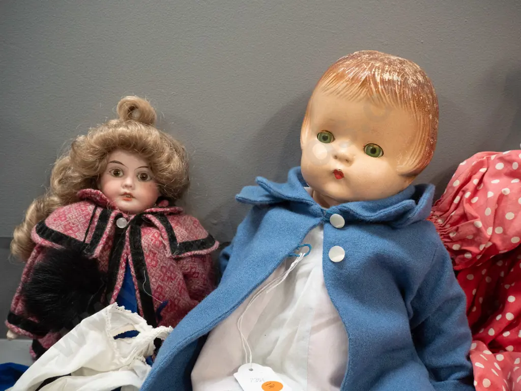 3 vintage dolls - Effanbee Patsy-Ann in retro blue coat, vintage porcelain headed and a clown rag doll H-600 Image 1++