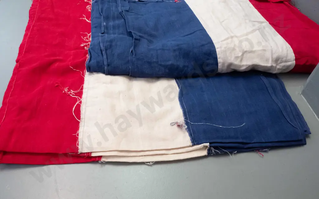 2 vintage red, white and blue fabric long lengths of bunting / banner - both approx. 18 metres long. Some wear, rust Image 1++